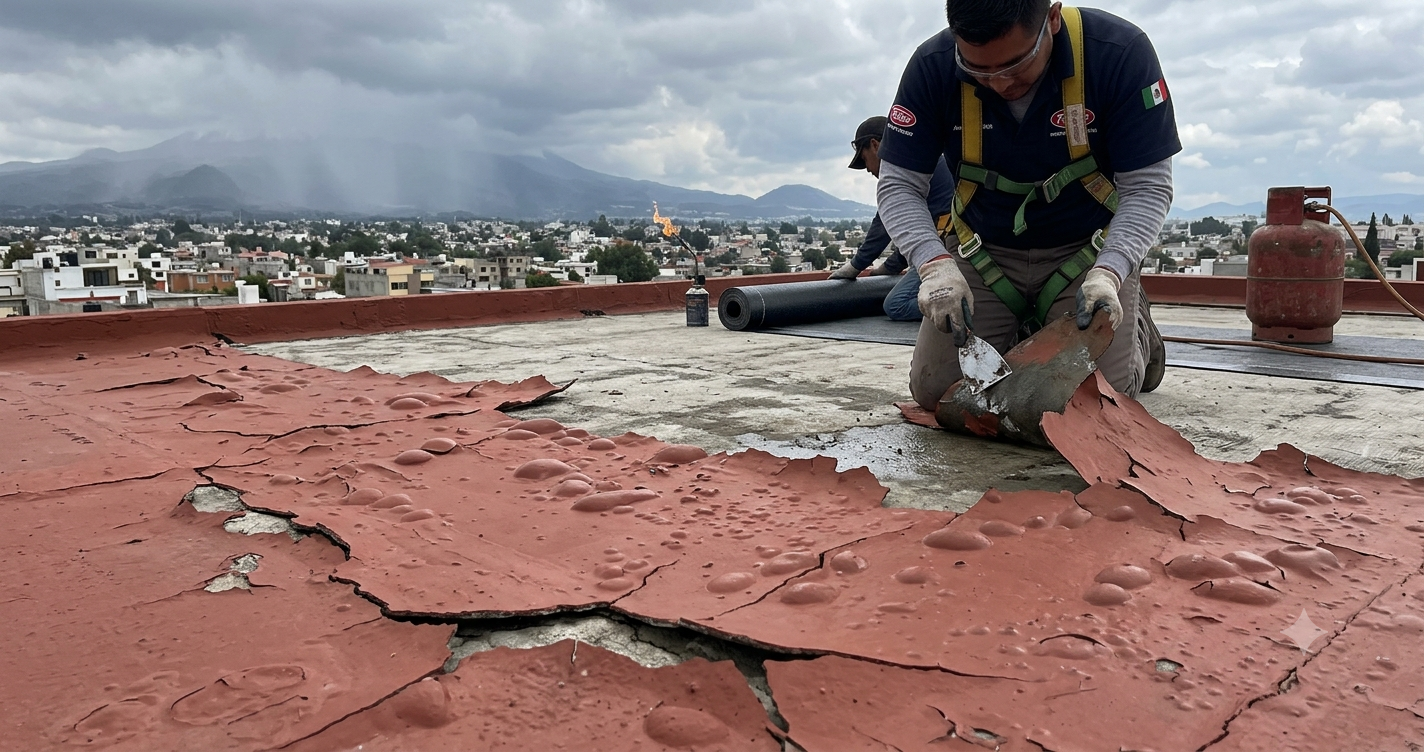 Aplicación de impermeabilizante prefabricado en azotea del Valle de Toluca — mantenimiento preventivo