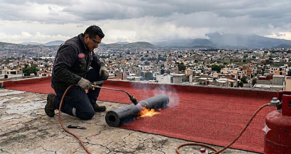 Aplicación de impermeabilizante prefabricado con soplete en azotea del Valle de Toluca — Impersoluciones